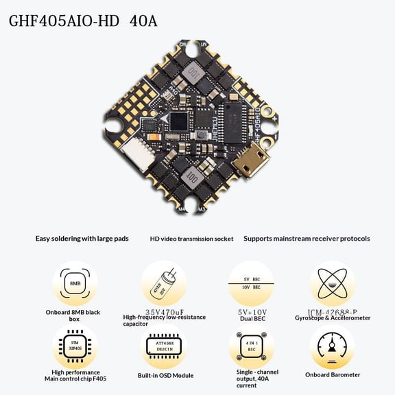 JHEMCU GHF405AIO HD 40A Flight Controller, F4 Brushless AIO FC & ESC 2-6S with ICM42688-P Gyro, Dual BEC, OSD for Toothpick FPV Racing Drone