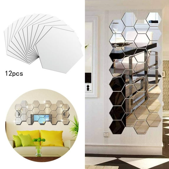 JHGoosa 12 Sheets 3D Acrylic Decorative Wall Sticker Bathroom Acrylic Sticker Hexagon Shape Surface Film Wall Stickers Adhesive Wall Stickers