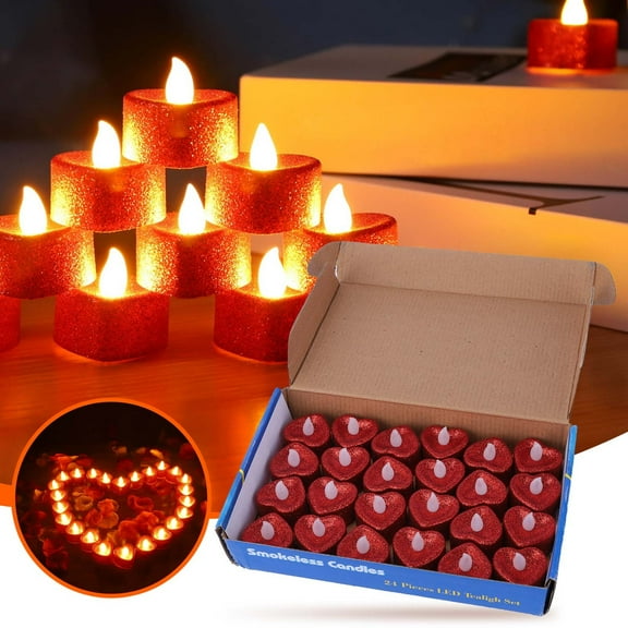 JHGoosa Wedding Night Table Love LED Red Flameless Day Valentine's Candle Heart 24PC Anniversary Decor For Glitter Tealight Decoration Candle Home Decor