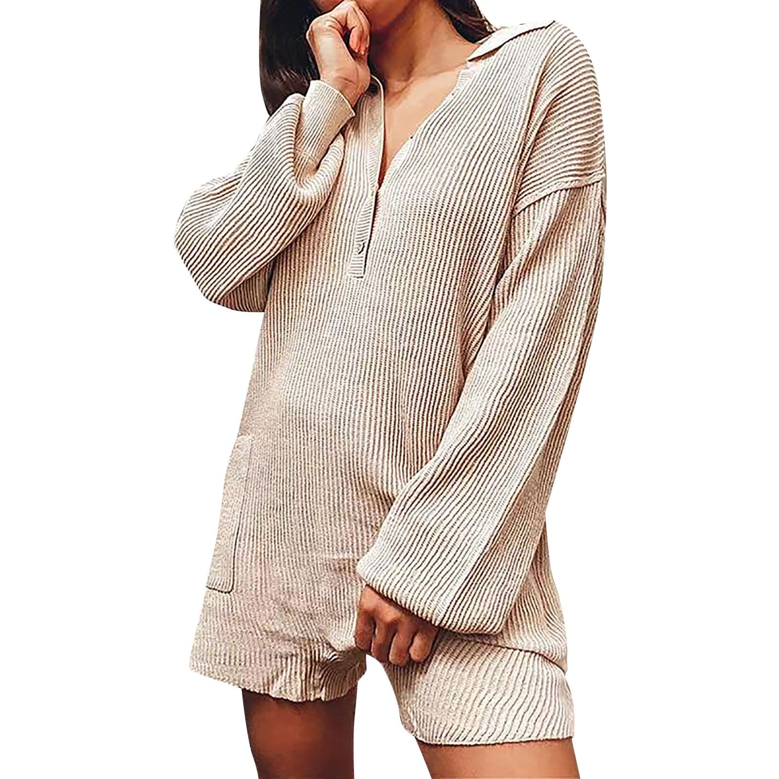 JHGoosr off Shoulder Romper off The Shoulder Jumpsuit Ladies Solid Simple Loose V Neck Button Sweater Solid Color Jumpsuit Beige M