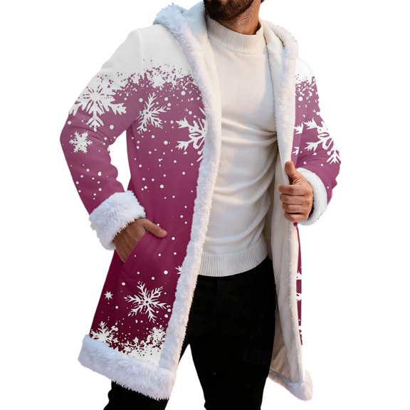 JHHLSF Christmas Cardigan for Men's Cozy Hooded with Open Front Sweater for Outdoor Winter Xmas Coat Tops with Pockets Pink, 2XL
