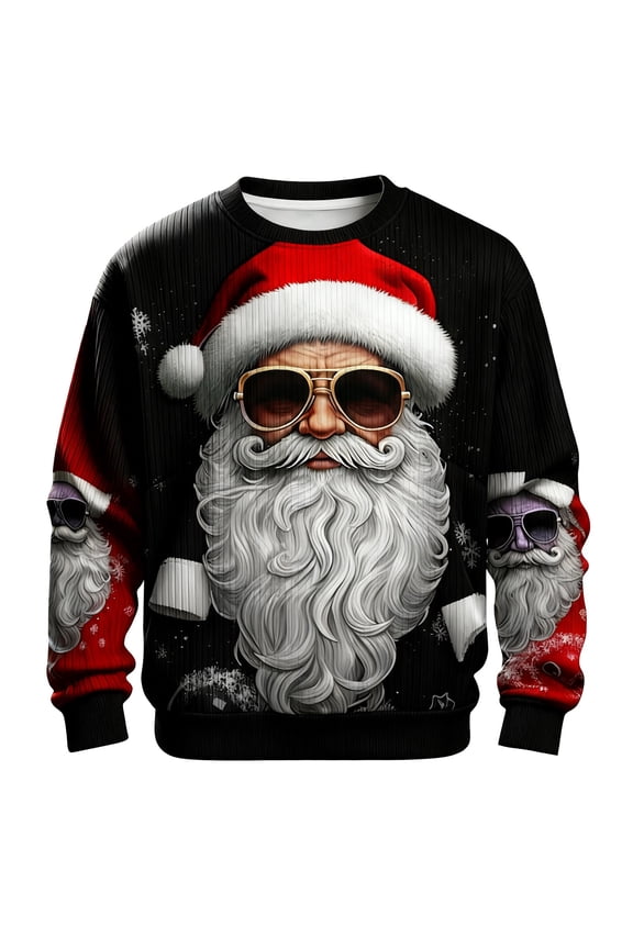 Festive KnitPattern's Hoodieless Sweatshirt – Themed Santa Print Sweater For Winter Comfort Black,L