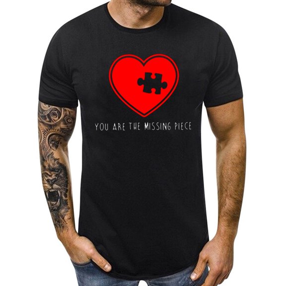 JHHLSF Men's Casual Sweet Valentine's Day Simple Printed T-shirt Comfortable Short Sleeve Couple Round Neck Top Black,2XL