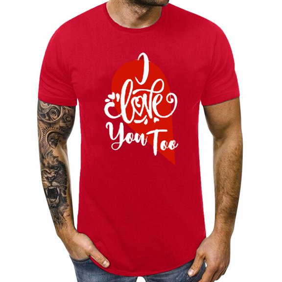 JHHLSF Men's Casual Sweet Valentine's Day Simple Printed T-shirt Comfortable Short Sleeve Couple Round Neck Top Red,L