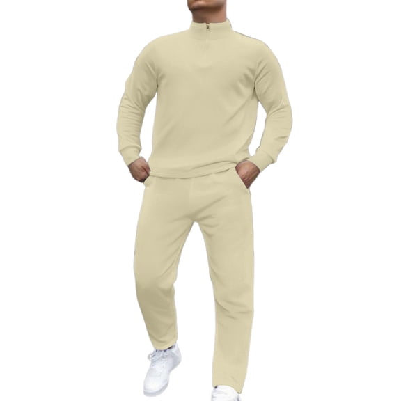 JHHLSF Men's Tracksuit 2 Piece Coat Sweatpants Solid Color Zip Mock Neck Pullover Joggers Sport Pant Set Sweat Winter Suit with Pockets A-Khaki,L