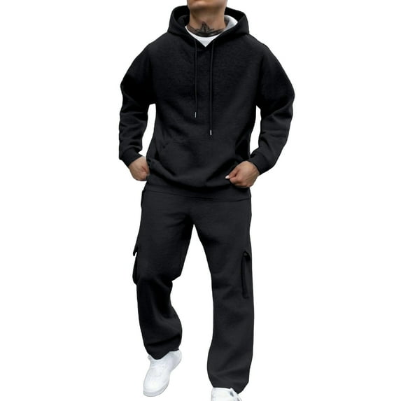 JHHLSF Men's Tracksuit 2 Piece Hoodie and Sweatpants Solid Color Relaxed Fit Hoodie Joggers Sport Pant Set Sweat Winter Suit with Pockets 2-Black,XL