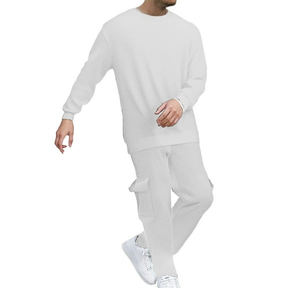 JHHLSF Men's Tracksuit 2 Piece Hoodless Sweatpants Crewneck Solid Color Relaxed Fit Pullover Joggers Sport Pant Set Sweat Winter Suit White,XL