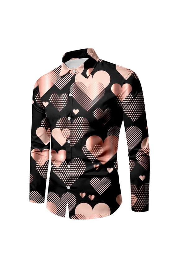 Men's Valentine's Day Fashion Printed Long Sleeved Shirt Rose Gold,XL