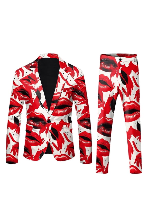 Mens Valentines Day 3D Digital Printed Suit Set Light Business Jacket Suit Red,2XL