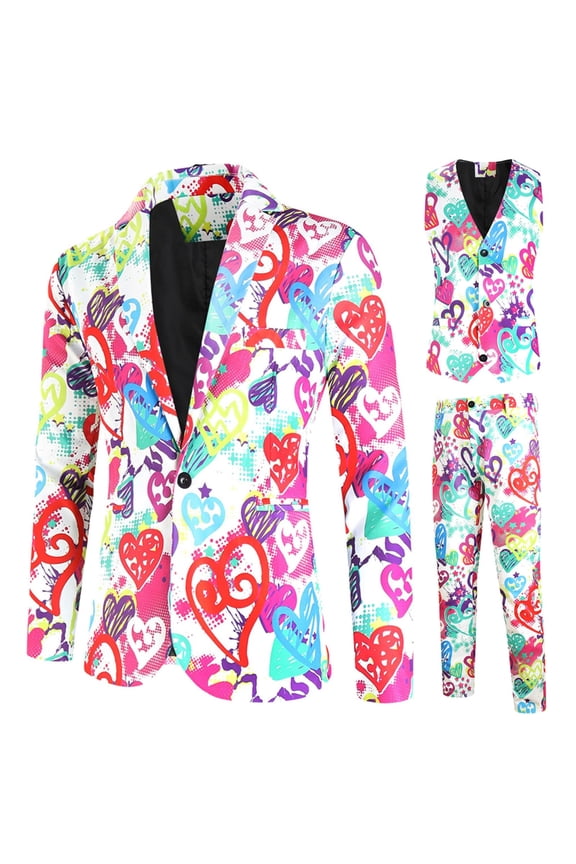 Mens Valentines Day Dating Love Digital 3D Printed Suit Jacket SuitVest Trousers Three Piece Suit Pink,XL