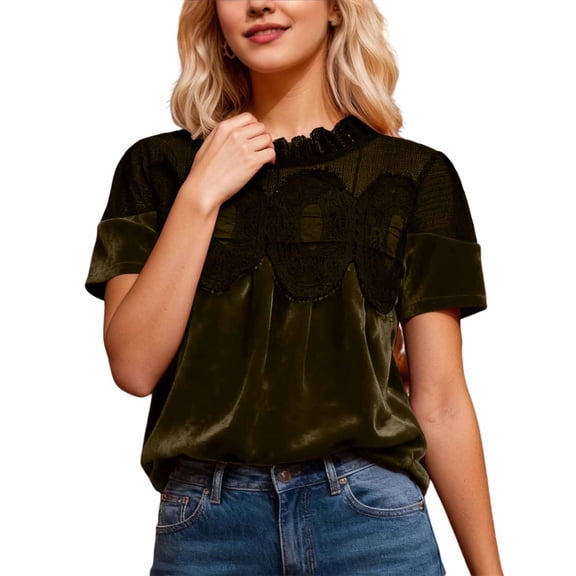 JHHLSF Velvet Tops for Women Lace-Detail Flared Blouse Casual Short Sleeve Swing Top Elegant Loose Intricate Back Design Army Green, S