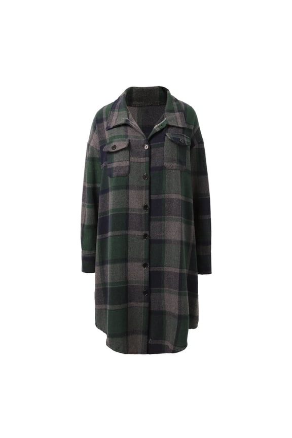 Women Plaid Shacket Jacket Long Flannel Shirt Lapel Button Down Blouses Tops Tartan Trench Fall Coat with Pockets Army Green,S
