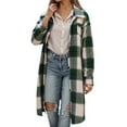 thumbnail image 1 of JHHLSF Women Plaid Shacket Jacket Long Flannel Shirt Lapel Button Down Blouses Tops Tartan Trench Fall Coat with Pockets Dark Green,S, 1 of 7