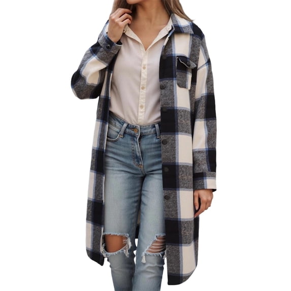 JHHLSF Women Plaid Shacket Jacket Long Flannel Shirt Lapel Button Down Blouses Tops Tartan Trench Fall Coat with Pockets Grey,2XL