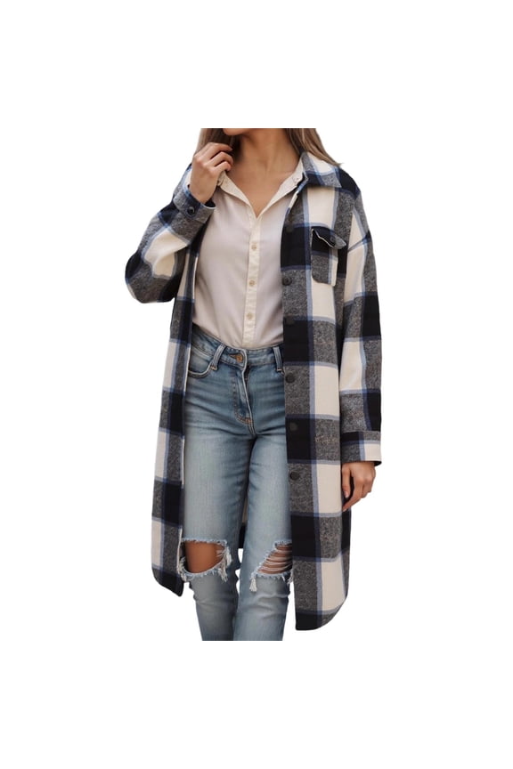 Women Plaid Shacket Jacket Long Flannel Shirt Lapel Button Down Blouses Tops Tartan Trench Fall Coat with Pockets Grey,XL