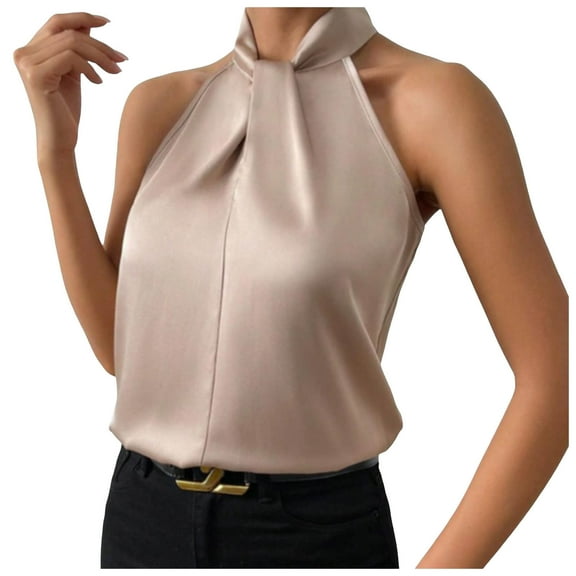JHHLSF Women Silk Satin Casual Sleeveless Neck Tank Top Summer Curved Hem Lightweight Dressy Blouses Shirt Khaki,L