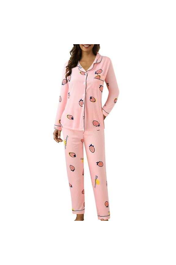 Women Soft Pajama Set Button Down Long Sleeve Flannel Pajamas Lightweight Feather Polka Dot Strawberry Printed Pjs Set with Pockets 2 Piece N,2XL