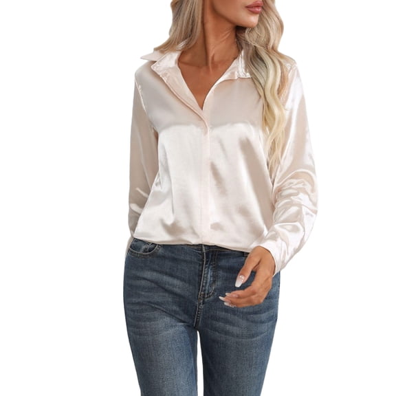 JHHLSF Women's Blouse Silk Satin Shirt Button Down Shirt Casual Loose Long Sleeve Office Work Long Edition Blouse Beige,S