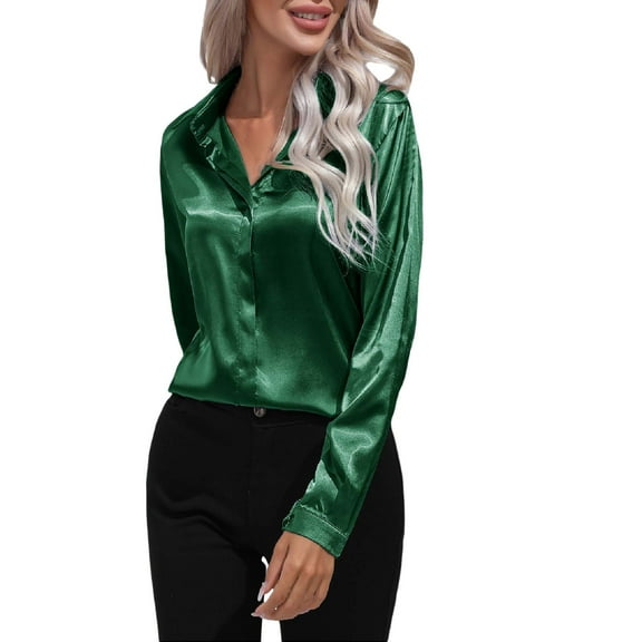 JHHLSF Women's Blouse Silk Satin Shirt Button Down Shirt Casual Loose Long Sleeve Office Work Long Edition Blouse Green,L