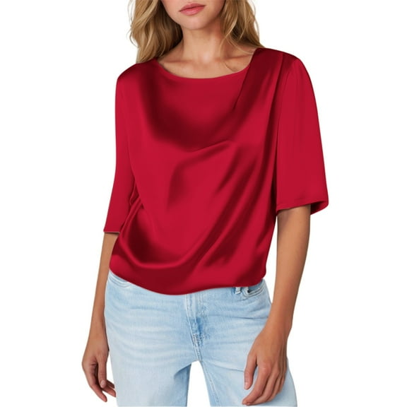 JHHLSF Women's Design Silk Satin Short Sleeved T Shirt Silk Satin Half Sleeved Shirt With Inner Top Red,2XL
