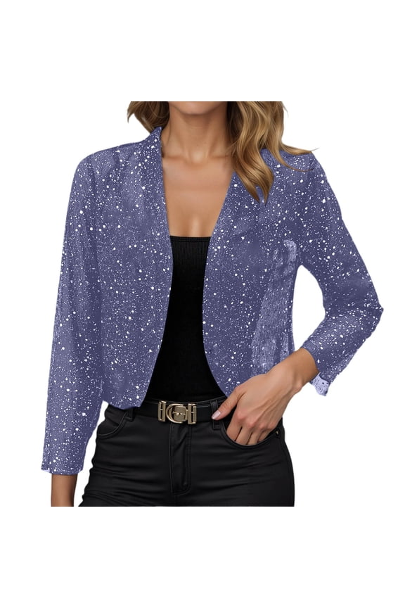 Women's Sequin Jacket Open Front Mesh Bolero Cardigan long sleeve Sheer Cropped Casual Party Coat Purple,S