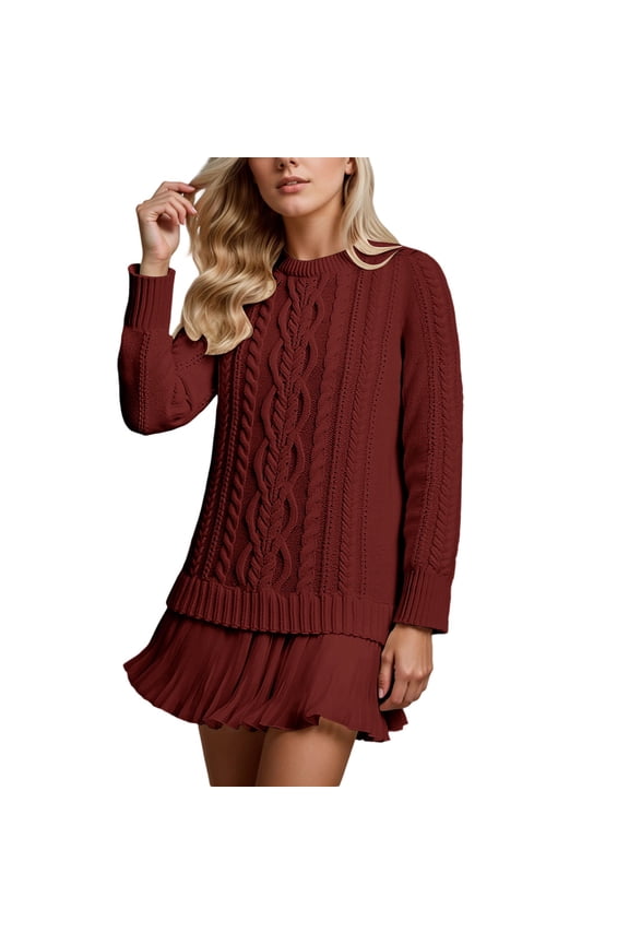Womens Cable Knit Sweater Dress Crewneck Pleated Dresses Twofer Style Long Sleeve Mini Patchwork Dress Brick Red,2XL
