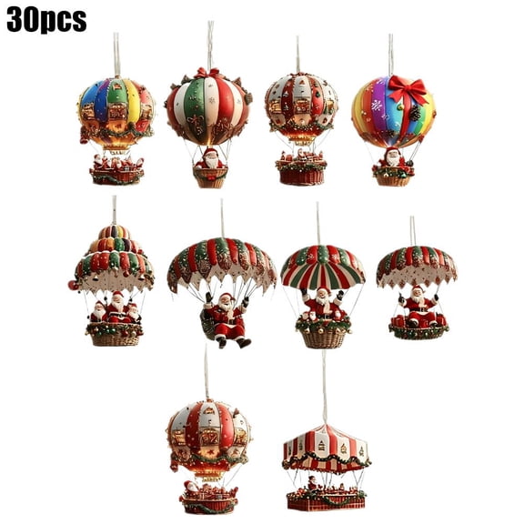 JHIALG 30Pcs Christmas Ornaments, Wooden Hot Balloon Santa Claus 2D Flat Pendant, Decoration, Decorat Christmas Xmas Tree Party