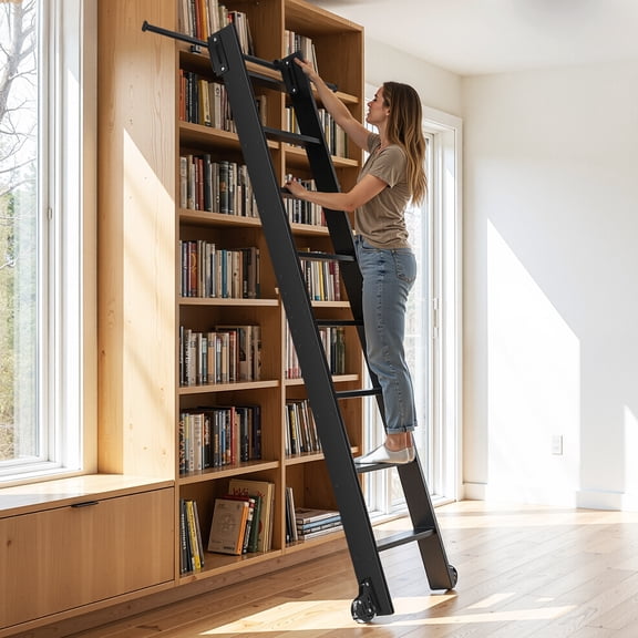 JHKNNK 8-Step Ladder, 330lbs Portable Folding Ladders for Home, Sliding Rolling Library Ladder, Black