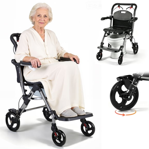 JHKNNK Rolling Shower Commode Chair, 3-in-1 Transport, Toilet and Shower Chair, Rear Locking Wheels, Foldable Arms, Removable Bucket, 330 lb Capacity