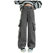 JHLZHS Girls Flare Pants Sets Size 10-12 Girls Cargo Baggy Pants Elastic Waist Wide Leg Jeans Solid Color Casual Demin Pants with Pockets Girls Khaki Pants Size 10-12 Wide Leg