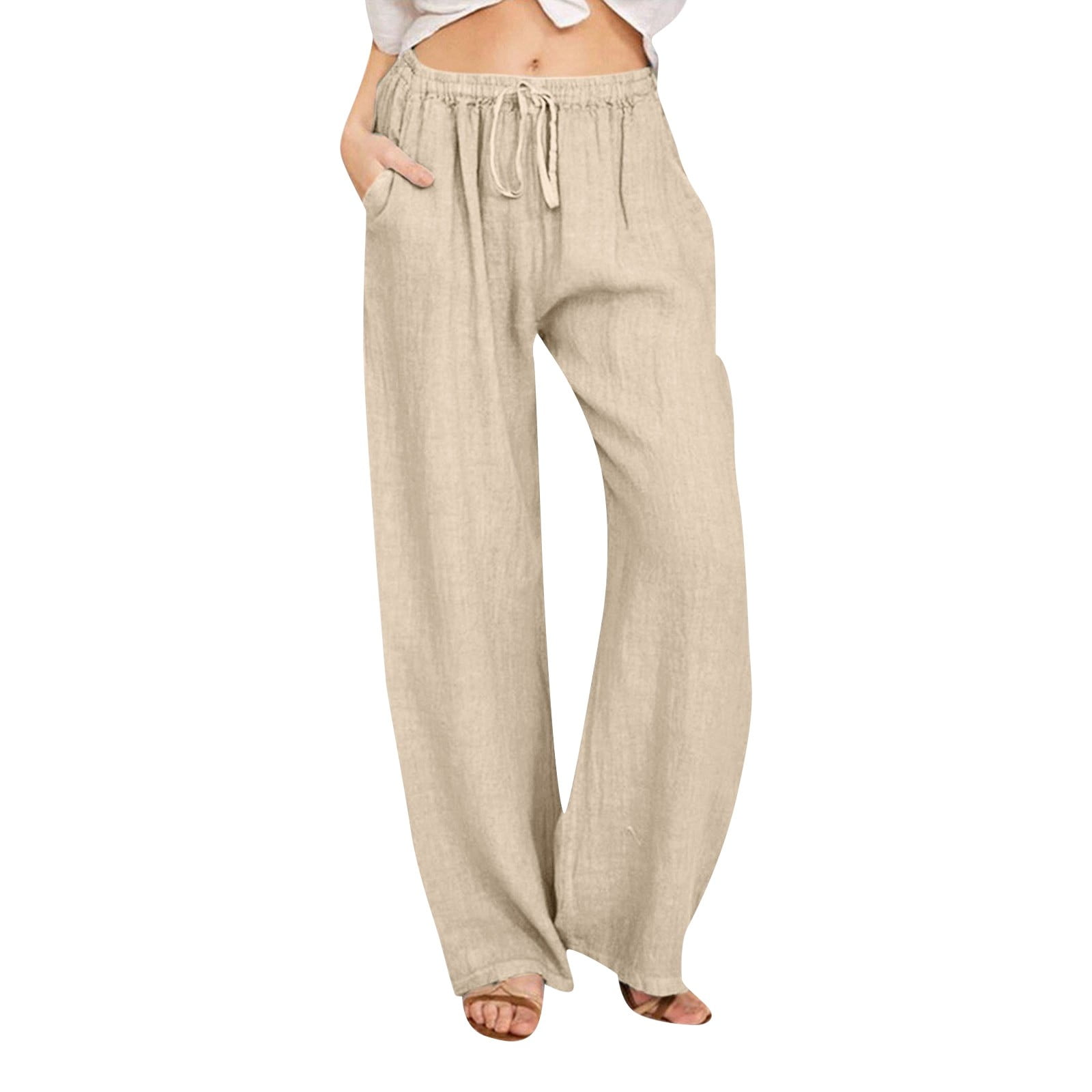 JHLZHS Linen Short for Women Ruffle Wide Pants Waist Long Drawstring Casual Linen Elastic Women