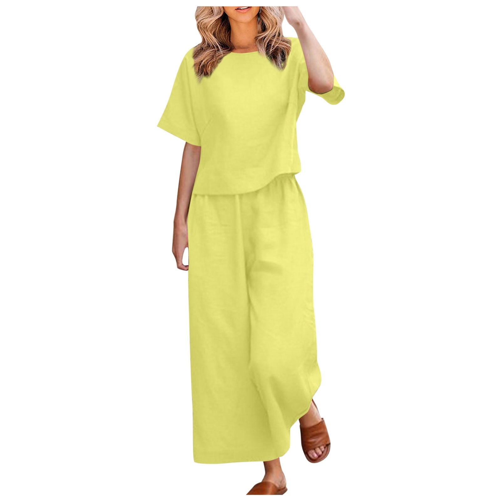 JHLZHS Linen Vest and Pants Set Women Women 2 Piece Linen Outfit Sets Cotton Short Sleeve Shirt