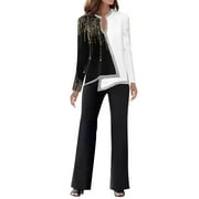 JHLZHS Pant Suits for Women Dressy Wedding Guest Long Sleeve Women 2 Piece Outfits Casual Long Sleeve Top Loose Wide Leg Pants Trousers Two Piece Set Suit Mother of the Bride Pant Suits Petite