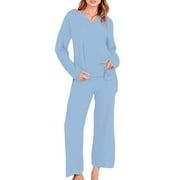JHLZHS Women 2 Piece Outfits Oversized Knit Loungewear Loose Slouchy Sweater Set Fall Trendy Sets Women Suit Sky Blue Xl