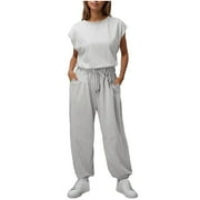 JHLZHS Womens Open Back Jumpsuits Casual Loose Fit Overalls Workout Sweatsuit Outfits Womens Pants Sets Casual Grey Xxl