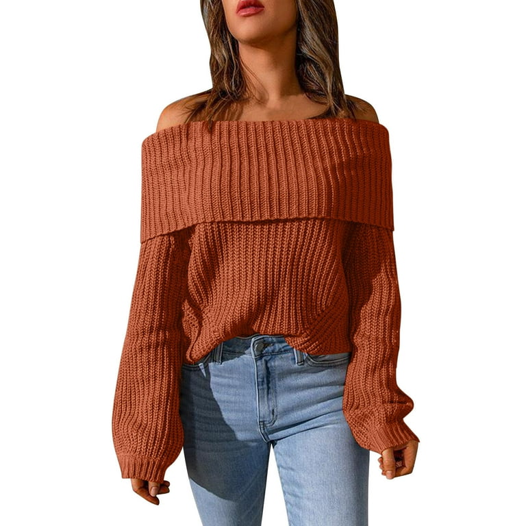 JHLZHS Womens Sweaters Fall 2023 Trendy Casual Autumn and Winter Loose Loose Fashion Solid Color off The Shoulder Sweater Orange XX Large