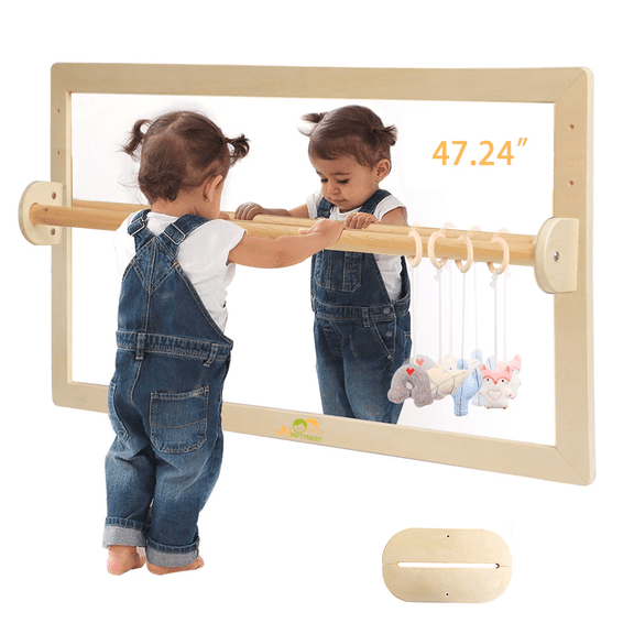JHNIFTYNEST Montessori Infant Coordination Mirror - Safety Pull Up Bar, Shatterproof Acrylic Non-Glass, 3-in-1 with Base, 47.24"