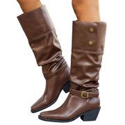 JHOKCI Chunky Heel Mid Calf Riding Boots for Women Casual Square Toe Slouchy PU Leather Buckle Strap Fashion Knee High Boots