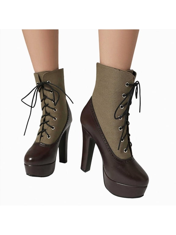 High Heel Ankle Boots for Women Round Toe Vintage Victorian Booties Wingtip Two-Toned Lace up Fall Winter Dress Shoes