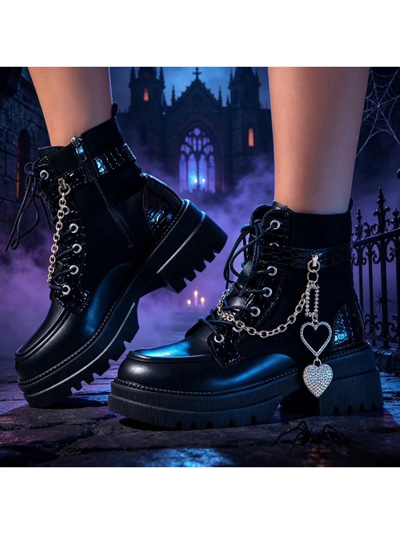 Platform Boots for Women Chain Detail Lace up High Sole Booties Punk Ankle Boots Streetwear