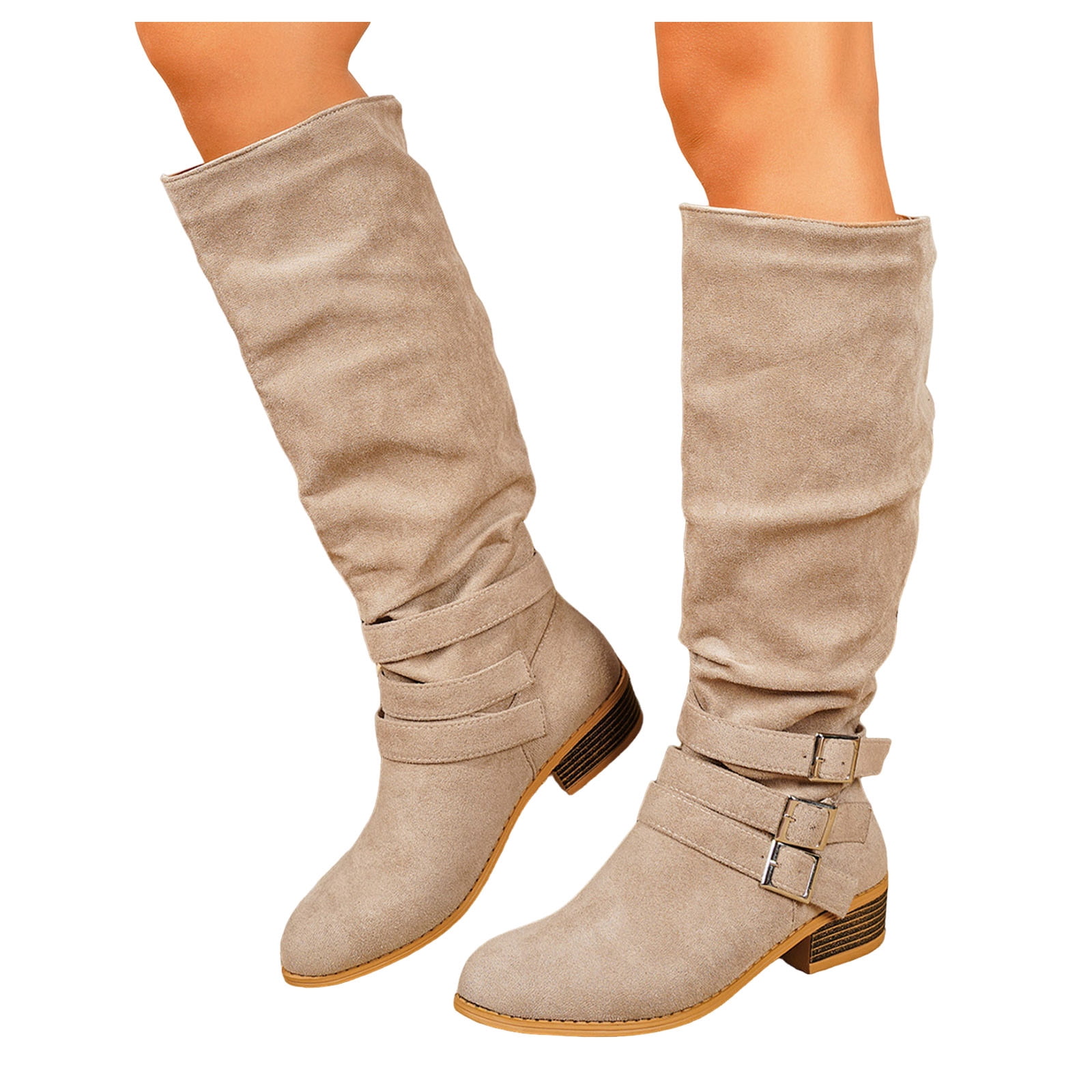 Long Fall Boo JHOKCI Slouchy Knee High Boots Women Wide Calf Buckle Straps Chunky ...