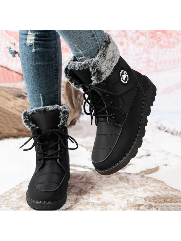 Snow Boots for Women Warm Plush Lined Mid Calf Winter Boots with Nonslip Outsole Lace up Cold Weather Outdoor Booties