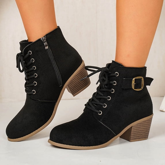JHOKCI Suede Lace up Boots for Women, Fall Winter Chunky Heel Ankle Boots with Buckle Strap, Soft Textured Upper