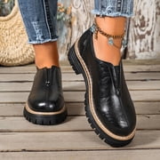 JHOKCI Thick Sole Slip on Loafers for Women Round Toe V Cut Platform PU Leather Daily Footwear