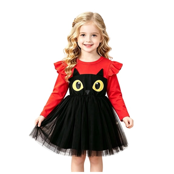 JHOKCI Toddler Girls Halloween Dress Long Sleeve Cat Tutu Princess Outfit
