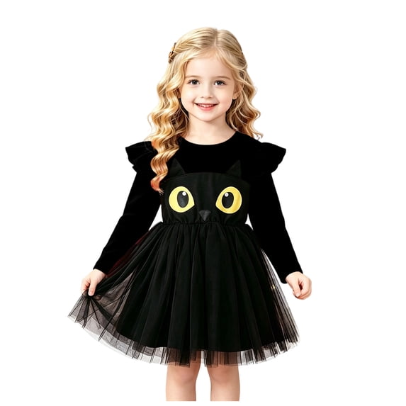 JHOKCI Toddler Girls Halloween Dress Long Sleeve Cat Tutu Princess Outfit
