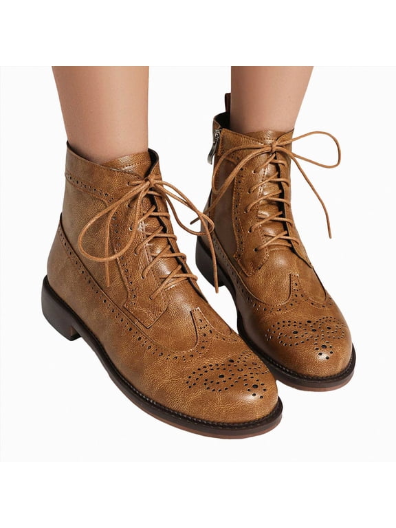 Women's Ankle Boots Round Toe Wingtip High Top Oxford Shoes Vintage Leather Lace up Fall Dress Short Booties
