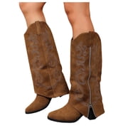 JHOKCI Womens Knee High Cowboy Boots Fold Over Suede Side Zipper Western Cowgirl Boots