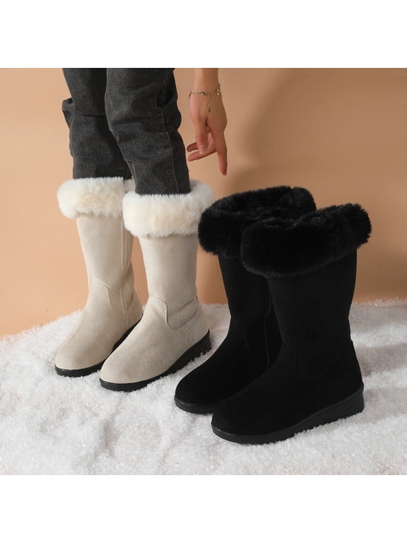 Women's Platform Snow Boots Suede Mid Calf Boots with Side Zipper Furry Lined Waterproof Suede Round Toe Winter Boots