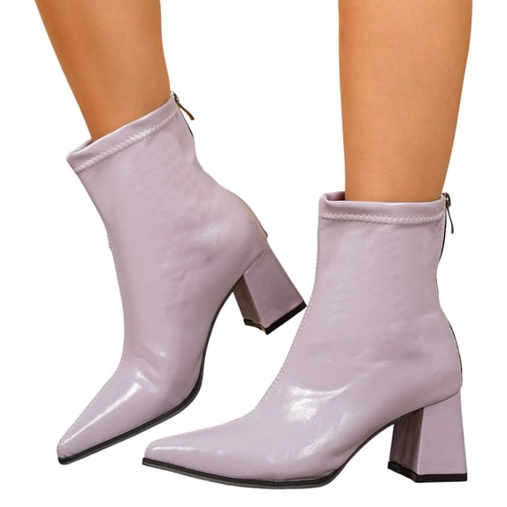 JHOKCI Women's Pointed Toe Booties Chunky Block Heel Back Zipper Solid ...